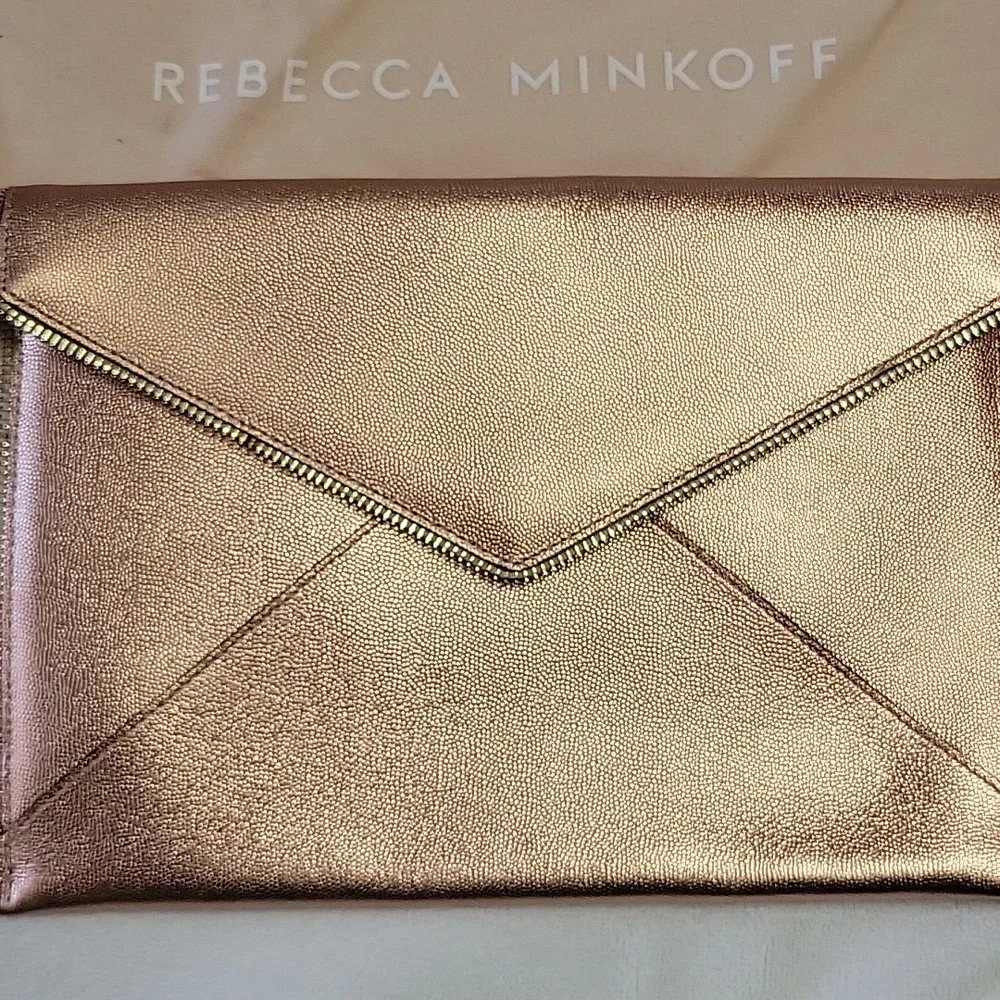 Rose Gold metallic leather, Rebecca Minkoff's Leo clutch. Like New!